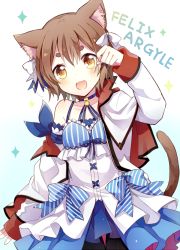 Rule 34 | 10s, 1boy, :3, :d, animal ears, black pantyhose, blue background, blush, brown eyes, brown hair, capelet, cat boy, cat ears, cat tail, character name, collarbone, fang, felix argyle, gradient background, hand up, looking at viewer, male focus, open mouth, pantyhose, re:zero kara hajimeru isekai seikatsu, short hair, smile, solo, sparkle, tail, thick eyebrows, trap, yimu