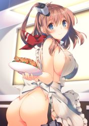 Rule 34 | 10s, 1girl, apron, areola slip, ass, blue eyes, breasts, brown hair, chicken (food), covered erect nipples, cowboy shot, food, frilled apron, frills, from side, hair between eyes, holding, holding dish, holding plate, kantai collection, kitchen, large breasts, lettuce, looking at viewer, looking back, mutsuno hekisa, naked apron, neckerchief, plate, saratoga (kancolle), side ponytail, sideboob, smile, solo, tomato