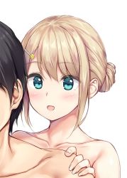 Rule 34 | 1boy, 1girl, aqua eyes, bad id, bad twitter id, black hair, blonde hair, collarbone, hair ornament, hairclip, hand on another&#039;s shoulder, highres, nude, original, out of frame, pasdar, portrait, sidelocks, simple background, smiley face, white background