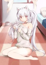 Rule 34 | 1girl, animal ears, bad id, bad pixiv id, bed, cat ears, collar, curtains, long hair, pillow, red eyes, side ponytail, sitting, smile, solo, sweater, thighhighs, tsuka, very long hair, white hair, window