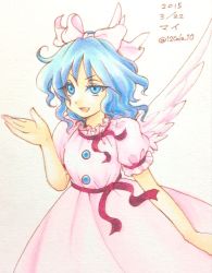 Rule 34 | 1girl, 2015, bare arms, blue eyes, blue hair, bow, buttons, character name, colored eyelashes, dated, dress, eyebrows, feathered wings, feathers, hair bow, hand up, io (maryann blue), mai (touhou), pink bow, pink dress, pink wings, puffy short sleeves, puffy sleeves, short hair, short sleeves, simple background, solo, touhou, touhou (pc-98), traditional media, twitter username, uneven eyes, v-shaped eyebrows, white background, wings