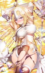 Rule 34 | 1girl, aile (crossroads), armor, arms up, black thighhighs, blonde hair, breasts, fate/apocrypha, fate/grand order, fate (series), female focus, gauntlets, headpiece, highres, jeanne d&#039;arc (fate), jeanne d&#039;arc (ruler) (fate), jeanne d&#039;arc (third ascension) (fate), large breasts, long hair, looking at viewer, pink eyes, shield, solo, sword, thighhighs, thighs, torn clothes, weapon