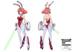 Rule 34 | 1girl, animal ears, ass, bare shoulders, blue eyes, rabbit ears, rabbit tail, cassette girl, cassette girl (character), character sheet, copyright name, energy sword, fake animal ears, full body, gloves, japan animator expo, official art, pink hair, playboy bunny, shield, simple background, sword, tagme, tail, turn around, weapon, white background