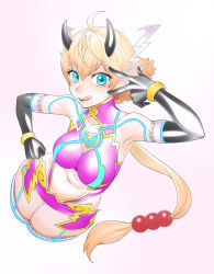 Rule 34 | 1girl, ahoge, black gloves, blonde hair, blue eyes, bracelet, breasts, closed mouth, cropped legs, earrings, elbow gloves, gloves, hair between eyes, hand on own hip, horns, jewelry, kora (xenoblade), long hair, looking at viewer, medium breasts, natto soup, navel, nintendo, pointy ears, simple background, smile, solo, thighhighs, thighs, tongue, tongue out, white background, xenoblade chronicles (series), xenoblade chronicles 2