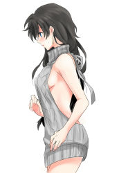Rule 34 | 1girl, aran sweater, backless dress, backless outfit, black hair, blue eyes, blush, breasts, cable knit, cowboy shot, dress, earrings, fate/grand order, fate (series), from side, fujimaru ritsuka (male), genderswap, genderswap (mtf), grey sweater, halterneck, hand up, jewelry, long hair, medium breasts, meme attire, naked sweater, parted lips, recursive genderswap, ribbed sweater, satou (fujisanjj-mesigaumaize), sideboob, simple background, solo, sweater, sweater dress, turtleneck, turtleneck sweater, virgin killer sweater, white background