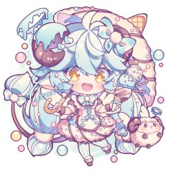 Rule 34 | 1girl, :d, blue bow, blue bowtie, blue hair, blue halo, blue pantyhose, blush, bow, bowtie, commentary request, dress, food, full body, hair ornament, halo, holding, holding food, holding ice cream, holding umbrella, horns, hyou (pixiv3677917), ice cream, long hair, looking at viewer, low twintails, melting halo, open mouth, orange eyes, original, pantyhose, short dress, sidelocks, signature, simple background, smile, solo, straight-on, striped clothes, striped pantyhose, tail, twintails, umbrella, very long hair, white background, white dress, white pantyhose, wrist cuffs