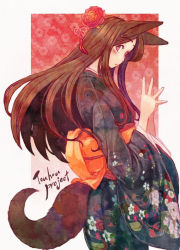 Rule 34 | 1girl, alternate costume, animal ears, blush, brown hair, colored pencil (medium), copyright name, flower, hair flower, hair ornament, imaizumi kagerou, japanese clothes, kimono, long hair, long sleeves, looking at viewer, obi, red eyes, sash, solo, tail, terrajin, touhou, traditional media, wolf ears, wolf tail