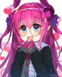 Rule 34 | 10s, 1girl, :d, alternate costume, artist name, bad id, bad pixiv id, bespectacled, black-framed eyewear, blue eyes, blush, casual, claws, coat, elizabeth bathory (fate), elizabeth bathory (fate/extra ccc), fang, fate/extra, fate/extra ccc, fate (series), glasses, hair between eyes, hair ornament, hairclip, heart, heart-shaped pupils, highres, horns, long hair, long sleeves, looking at viewer, open mouth, pink hair, pointy ears, round teeth, sakurano shiyue, scarf, semi-rimless eyewear, smile, solo, symbol-shaped pupils, teeth, upper body