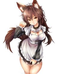 Rule 34 | 1girl, alternate costume, animal ears, apron, bad anatomy, black ribbon, black skirt, breasts, brown hair, cleavage, detached collar, enmaided, highres, houdukixx, imaizumi kagerou, long hair, long sleeves, maid, maid headdress, medium breasts, red eyes, ribbon, simple background, skirt, solo, standing, tail, touhou, white background, wolf ears, wolf tail