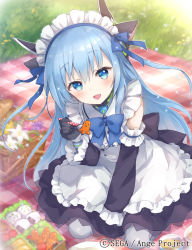 Rule 34 | 1girl, :d, ange vierge, animal ears, bento, black gloves, blanket, blue bow, blue hair, bow, cat ears, character request, day, food, fork, gloves, grass, kneeling, long hair, looking at viewer, maid, official art, okonomiyaki, omega 47 toto, onigiri, open mouth, outdoors, picnic, picnic basket, shamonor, smile, solo, white legwear