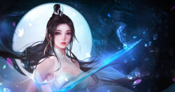 Rule 34 | 1girl, artist request, bare shoulders, blue eyes, bug, butterfly, cleavage cutout, clothing cutout, crystal, dress, glowing, glowing sword, glowing weapon, hair bun, highres, insect, long hair, looking at viewer, lu xueqi (zhu xian), moon, night, parted lips, second-party source, solo, star (sky), teeth, upper body, weapon, white dress, zhu xian
