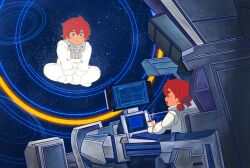 Rule 34 | blue eyes, closed eyes, closed mouth, cockpit, commentary request, crossed legs, cup, eoljukko, ericht samaya, gundam, gundam aerial, gundam suisei no majo, highres, holding, holding cup, korean commentary, long sleeves, mobile suit, monitor, open mouth, red hair, short hair, siblings, sisters, sitting, smile, spoilers, suletta mercury, thick eyebrows