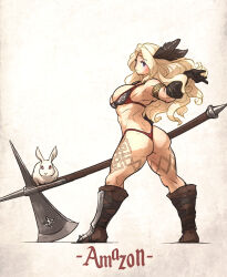 Rule 34 | 1girl, abs, absurdres, amazon (dragon&#039;s crown), armlet, armor, ass, axe, bikini armor, blonde hair, blue eyes, boots, breasts, butt crack, dragon&#039;s crown, english text, feather hair ornament, feathers, gloves, hair ornament, highres, huge ass, huge breasts, ironlily, long hair, looking at viewer, looking back, muscular, muscular female, rabbit, solo, tattoo, thong