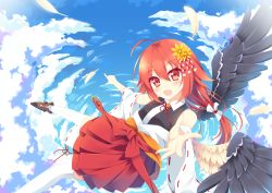 Rule 34 | 1girl, :d, ahoge, bad id, bad pixiv id, cloud, day, detached sleeves, feathered wings, looking at viewer, matching hair/eyes, nibiiro shizuka, open mouth, original, pleated skirt, reaching, red eyes, red hair, shoes, skirt, sky, smile, solo, thighhighs, white thighhighs, wings, zettai ryouiki