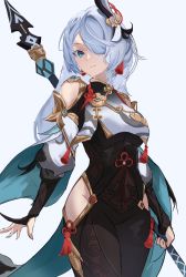 Rule 34 | 1girl, absurdres, az&#039;ruler, black gloves, blue background, blue eyes, blue hair, bodystocking, breasts, clothing cutout, genshin impact, gloves, hair over one eye, head tilt, highres, hip vent, holding, holding polearm, holding weapon, long hair, looking at viewer, medium breasts, one eye covered, partially fingerless gloves, polearm, shenhe (genshin impact), shoulder cutout, solo, weapon
