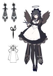 Rule 34 | 1girl, angel, angel wings, apron, arin (fanfan013), black bow, black bowtie, black dress, black footwear, black hair, black halo, black headdress, black pantyhose, black skirt, bow, bowtie, breasts, brown eyes, character sheet, chinese commentary, cleavage, cleavage cutout, clothing cutout, collar, collared dress, commentary request, dress, expressionless, eyelashes, floral print, flower, flower brooch, frilled dress, frills, full body, goth fashion, grey collar, grey wings, hair ornament, hairclip, halo, highres, holding, holding scissors, juliet sleeves, large breasts, long hair, long sleeves, looking to the side, maid, mole, mole under mouth, original, pantyhose, parted lips, puffy sleeves, scissors, shoes, short dress, skirt, solo, waist apron, white apron, white flower, wings, x hair ornament
