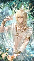 Rule 34 | 1boy, abs, alkaid mcgrath, antlers, armlet, bangle, blonde hair, bracelet, circlet, crescent, crescent necklace, day, earrings, falling petals, flower, glint, gold necklace, green eyes, hair between eyes, hand up, head chain, highres, hoop earrings, horns, jewelry, light particles, looking at flowers, lovebrush chronicles, male focus, medium hair, nature, necklace, official art, open clothes, open robe, outdoors, outstretched hand, parted lips, petals, plant, ring, robe, rose, see-through, short sleeves, smile, solo, thumb ring, tree, upper body, vines, white robe, yellow flower, yellow rose, zhenzhibang149