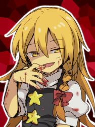 Rule 34 | 1girl, :d, black vest, blonde hair, blood, blood on clothes, blood on face, blood on hands, bow, braid, commentary, cookie (touhou), flat chest, hair between eyes, hair bow, kirisame marisa, long hair, looking at viewer, nahori (hotbeans), open mouth, puffy short sleeves, puffy sleeves, red background, red bow, shaded face, shirt, short sleeves, single braid, smile, solo, star (symbol), suzu (cookie), touhou, turtleneck, unusually open eyes, upper body, vest, white shirt, yellow eyes