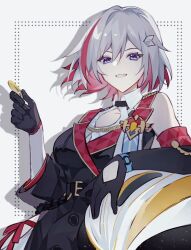 Rule 34 | 1girl, 1other, black gloves, chinese commentary, coin, detached sleeves, gloves, hair between eyes, haruka (rsyaooooo), highres, holding, holding coin, honkai: star rail, honkai (series), long sleeves, looking at viewer, multicolored hair, numby (honkai: star rail), short hair, simple background, smile, solo focus, streaked hair, topaz (honkai: star rail), trotter (honkai: star rail), upper body, white background, white hair