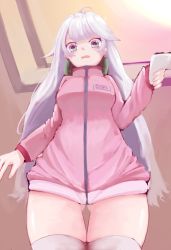 Rule 34 | 1girl, ahoge, blue eyes, controller, daiushi, from below, game controller, gluteal fold, headphones, headphones around neck, highres, holding, holding controller, holding game controller, indie virtual youtuber, jacket, long hair, looking at viewer, no pants, open mouth, solo, thigh gap, thighhighs, thighs, track jacket, twitch.tv, vei (vtuber), vei (vtuber) (1st costume), very long hair, virtual youtuber, vshojo, white hair