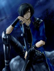 Rule 34 | 1boy, armored boots, black hair, black pants, black shirt, blue coat, boots, closed mouth, coat, commentary request, date masamune (sengoku basara), eyepatch, feet out of frame, hair over one eye, katana, looking at viewer, male focus, night, outdoors, pants, sengoku basara, shirt, short hair, sitting, smile, solo, suruga kasune, sword, weapon