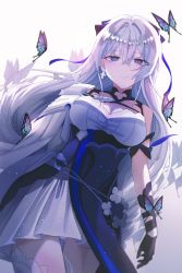 Rule 34 | 1girl, bandages, black gloves, blue butterfly, breasts, bronya zaychik, bronya zaychik (silverwing: n-ex), bug, butterfly, cleavage, closed mouth, dress, earrings, gloves, grey eyes, grey hair, highres, honkai (series), honkai impact 3rd, insect, jewelry, long hair, looking at viewer, panties, seiko9245, simple background, single earring, single sleeve, solo, thighhighs, underwear, white background, white dress, white panties, white thighhighs