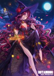 Rule 34 | 1girl, bosack, breasts, cape, cleavage, copyright name, dress, flower, full moon, gloves, hat, large breasts, long hair, looking at viewer, magic circle, moon, night, purple hair, red flower, red rose, rooftop, rose, smile, solo, very long hair, wand, wavy hair, witch hat, yellow eyes