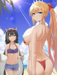Rule 34 | 2girls, absurdly long hair, absurdres, ahoge, animal ear fluff, animal ears, ass, bad id, bad pixiv id, bare back, bare shoulders, beach, bikini, black hair, blue eyes, blue sky, blurry, breast envy, breasts, butt crack, cat ears, cat tail, cloud, cloudy sky, collarbone, commentary, commentary request, crushing, cup, denim, denim shorts, depth of field, disposable cup, drinking straw, empty eyes, green eyes, hair between eyes, hair ornament, hairclip, highres, horizon, karyl (princess connect!), karyl (summer) (princess connect!), large breasts, larger bmx, lifebuoy, long hair, looking at viewer, low twintails, midriff, multicolored hair, multiple girls, navel, ocean, orange hair, parted lips, pecorine (princess connect!), ponytail, princess connect!, red bikini, short shorts, shorts, sideboob, sidelocks, sky, spaghetti strap, stomach, streaked hair, sunlight, swim ring, swimsuit, symbol-only commentary, tail, tiara, twintails, two-tone hair, very long hair