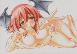 Rule 34 | 1girl, barefoot, bat wings, blush, breasts, cleavage, curvy, food, head wings, koakuma, large breasts, long hair, looking at viewer, marker (medium), mouth hold, pocky, pointy ears, red eyes, red hair, simple background, smile, solo, sweat, touhou, traditional media, white background, wings, yutakasan-love