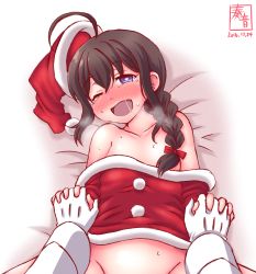Rule 34 | 1boy, 1girl, ;d, admiral (kancolle), ahoge, alternate costume, bad id, bad pixiv id, bare shoulders, bed sheet, black hair, blue eyes, blush, braid, collarbone, commentary request, convenient censoring, cosplay, dated, gloves, groin, hair censor, hat, heart, heart-shaped pupils, heavy breathing, hetero, highres, holding hands, implied sex, interlocked fingers, kanon (kurogane knights), kantai collection, long hair, lying, military, military uniform, naval uniform, no bra, no panties, on back, one eye closed, open mouth, out-of-frame censoring, out of frame, pov, pov hands, saliva, santa costume, santa hat, shigure (kancolle), single braid, sketch, smile, spread legs, steam, sweat, symbol-shaped pupils, uniform, white gloves