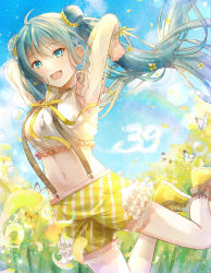 Rule 34 | 1girl, :d, absurdres, ahoge, blue eyes, blue hair, blue sky, bug, butterfly, crop top, day, diagonal-striped shorts, dress shirt, floating hair, flower, hair between eyes, hair flower, hair ornament, hatsune miku, highres, insect, jumping, kotoha shiki, long hair, long sleeves, midriff, navel, neck ribbon, open mouth, outdoors, rapeseed blossoms, ribbon, see-through, shirt, short shorts, shorts, sky, smile, solo, stomach, sunflower, suspender shorts, suspenders, very long hair, vocaloid, white shirt, yellow flower, yellow footwear, yellow ribbon, yellow shorts
