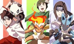 Rule 34 | 1girl, 2boys, absurdres, black hair, bodysuit, brown eyes, brown hair, creatures (company), crossover, forehead protector, game freak, gen 4 pokemon, gen 6 pokemon, green bodysuit, highres, hyuuga neji, infernape, konohagakure symbol, long hair, looking at viewer, lucario, multiple boys, naruto (series), naruto shippuuden, nintendo, pancham, pants, pnpk 1013, pokemon, pokemon (creature), red pants, rock lee, shirt, short hair, tenten (naruto), white shirt