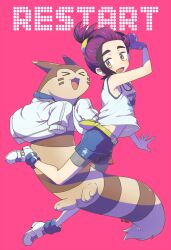 Rule 34 | &gt; &lt;, 1boy, 24x24, black hair, blue shorts, blush, clothed pokemon, commentary request, creatures (company), full body, furret, game freak, gen 2 pokemon, gloves, highres, holding, holding poke ball, jacket, kieran (pokemon), male focus, nintendo, open mouth, pink background, poke ball, pokemon, pokemon (creature), pokemon sv, purple hair, shoes, shorts, simple background, single glove, sneakers, tank top, white jacket, white tank top, yellow eyes