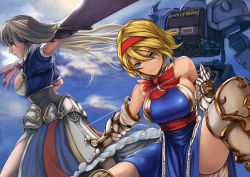 Rule 34 | 1girl, adapted costume, alice margatroid, armor, bare shoulders, blonde hair, blue eyes, blue sky, breasts, cloud, crossover, dress, facing away, faulds, frown, gauntlets, giant, giantess, goliath doll, gouf, greaves, gundam, hairband, hoshara, large breasts, long hair, md5 mismatch, mecha, mobile suit gundam, puppet strings, ribbon, robot, sash, serious, short hair, sideboob, sky, sleeveless, sleeveless dress, squatting, sword, touhou, weapon