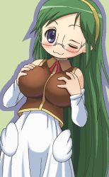 Rule 34 | 00s, 1girl, :3, awa, blue eyes, blush, grabbing another&#039;s breast, breasts, detached sleeves, dutch angle, glasses, grabbing, grabbing own breast, green hair, hairband, huge breasts, impossible clothes, impossible shirt, jaggy lines, large breasts, long hair, long skirt, looking at viewer, moetan, oekaki, one eye closed, ribbon, shadow, shiratori arisu, shirt, skirt, smile, solo, standing, swept bangs, very long hair, white skirt, wings, wink