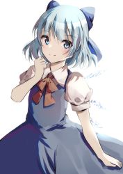 Rule 34 | 1girl, blue bow, blue dress, blue eyes, blue hair, bow, cirno, closed mouth, cowboy shot, dress, hair bow, highres, ice, ice wings, looking at viewer, natsume suzuri, necktie, puffy short sleeves, puffy sleeves, red necktie, short hair, short sleeves, simple background, smile, solo, standing, touhou, white background, wings
