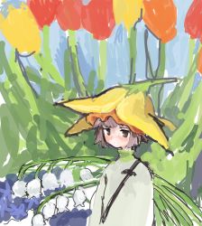 Rule 34 | 1girl, 44insects, blunt bangs, blunt ends, blush, brown eyes, brown hair, closed mouth, dot mouth, flower, flower hat, hat, high collar, highres, light frown, lily of the valley, long sleeves, looking at viewer, nature, orange flower, orange tulip, original, outdoors, plant, red flower, red tulip, scenery, short hair, sketch, solo, tulip, turtleneck, upper body, white flower, yellow flower, yellow hat, yellow tulip