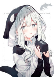 Rule 34 | 1girl, animal hood, character request, copyright request, grey eyes, holding, holding stuffed toy, hood, hoodie, kazutake hazano, long hair, looking at viewer, orca hood, parted lips, sidelocks, solo, stuffed toy, upper body, white background, white hair