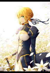 Rule 34 | 1girl, :|, ahoge, anyotete, artist request, artoria pendragon (all), artoria pendragon (fate), bad id, bad pixiv id, blonde hair, breasts, closed mouth, dress, excalibur (fate/stay night), fate/stay night, fate (series), flower, green eyes, juliet sleeves, letterboxed, long sleeves, petals, puffy sleeves, saber (fate), small breasts, solo, sword, type-moon, weapon, wind
