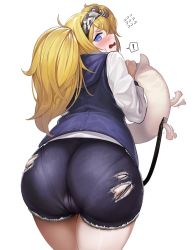 Rule 34 | !, 1girl, abyssal ship, ass, blonde hair, blue eyes, blue shorts, blue vest, blush, cutoffs, denim, denim shorts, enemy lifebuoy (kancolle), from behind, gambier bay (kancolle), hairband, highres, kantai collection, long sleeves, pantylines, shirt, short shorts, shorts, simple background, solo, twintails, vest, white background, white shirt, yanuk