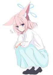 Rule 34 | 1girl, absurdres, animal ear fluff, animal ears, arms on knees, black footwear, blue archive, blue eyes, blue skirt, blush, closed mouth, collared shirt, crossed arms, dot nose, fox ears, fox girl, from side, half updo, halo, highres, kamitosayu, knees to chest, loafers, long skirt, long sleeves, looking at viewer, medium hair, niko (blue archive), no tail, pink hair, pleated skirt, shirt, shirt tucked in, shoes, simple background, skirt, smile, socks, solo, squatting, white background, white shirt, white socks