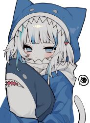 Rule 34 | 1girl, :&lt;, animal ears, animal hood, blue eyes, blue hoodie, blush, cat ears, cat tail, commentary, drawstring, gawr gura, hair ornament, highres, holding, holding stuffed toy, hololive, hololive english, hood, hood up, hoodie, ikea shark, looking at viewer, shark hair ornament, shark hood, sidelocks, simple background, solo, speech bubble, spoken squiggle, squiggle, stuffed animal, stuffed shark, stuffed toy, tail, tears, two side up, upper body, virtual youtuber, white background, white hair, yonako (123456nya)