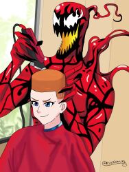 Rule 34 | 1girl, alternate hairstyle, barber cape, blue eyes, carnage (marvel), choso giving toudou a haircut (meme), closed mouth, commentary, crossover, english commentary, fade (haircut), flattop, highres, holding razor, indoors, marvel, meme, neon genesis evangelion, orange hair, re1quaza, short hair, smile, souryuu asuka langley, spider-man (series), symbiote, twitter username, upper body