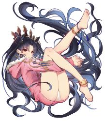 Rule 34 | 1girl, anklet, barefoot, black hair, earrings, fate/grand order, fate (series), feet, fur trim, hair ornament, hair ribbon, highres, hood, hooded jacket, ishtar (fate), jacket, jewelry, legs, legs up, oro (sumakaita), own hands together, red eyes, ribbon, smile, solo, tohsaka rin, twintails, two side up, white background
