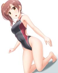Rule 34 | 1girl, barefoot, black one-piece swimsuit, brown eyes, brown hair, competition swimsuit, dutch angle, full body, highleg, highleg swimsuit, idolmaster, idolmaster cinderella girls, igarashi kyoko, kneeling, long hair, looking at viewer, one-piece swimsuit, open mouth, pataneet, side ponytail, simple background, solo, swimsuit, white background