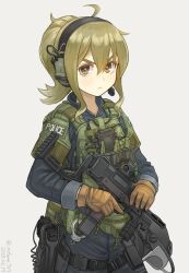 Rule 34 | 1girl, ahoge, blonde hair, blue jacket, blue pants, brown gloves, closed mouth, commentary request, cuffs, dated, eotech, gloves, gun, hair between eyes, handcuffs, handgun, headset, helmet, highres, holding, holding gun, holding weapon, holstered, jacket, light frown, load bearing vest, looking at viewer, machine pistol, magazine (weapon), mifune ( mifune 707), minebea pm-9, original, pants, pistol, police, police uniform, policewoman, short hair, sidelocks, simple background, solo, submachine gun, tactical clothes, trigger discipline, twitter username, uniform, v-shaped eyebrows, walkie-talkie, weapon, white background, yellow eyes