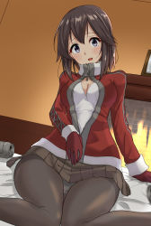 Rule 34 | 1girl, bed, beer can, black hair, black pantyhose, black skirt, breasts, can, cleavage, cleavage cutout, clothing cutout, commentary request, drink can, fireplace, gloves, grey eyes, hayasui (kancolle), highres, indoors, jacket, kantai collection, looking at viewer, medium breasts, official alternate costume, open clothes, open jacket, pantyhose, pleated skirt, red gloves, red jacket, shiba (zudha), shirt, short hair, sitting, skirt, solo, wariza, white shirt