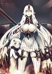 Rule 34 | 10s, 2girls, absurdly long hair, abyssal ship, ahoge, bare shoulders, breasts, claws, cleavage, colored skin, detached sleeves, dress, garter straps, genyaky, horns, huge breasts, kantai collection, long hair, long sleeves, multiple girls, northern ocean princess, orange eyes, oversized forearms, oversized limbs, ribbed dress, ribbed legwear, seaport water oni, short dress, single horn, tears, thighhighs, twitter username, very long hair, white dress, white hair, white skin, zettai ryouiki