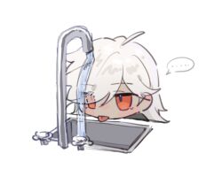 Rule 34 | ..., 1boy, :p, cat under faucet (meme), chibi, cyno (genshin impact), dark-skinned male, dark skin, eh neg00, eyes visible through hair, faucet, genshin impact, hair over one eye, highres, leaning, long hair, looking at object, male focus, meme, red eyes, simple background, sink, solo, tongue, tongue out, white background, white hair