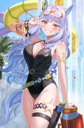 Rule 34 | 1girl, :d, absurdres, animal ears, arm triangle choke, bare shoulders, blunt bangs, blush, bracelet, breasts, casual one-piece swimsuit, cleavage, cowboy shot, day, eyewear on head, gold ship (run revolt launcher) (umamusume), gold ship (umamusume), groin, gun, highres, horse ears, horse girl, horse tail, jewelry, large breasts, long hair, one-piece swimsuit, open mouth, outdoors, parted lips, pink-tinted eyewear, pouch, purple hair, red eyes, skl, smile, solo, starfish, sunglasses, swimsuit, tail, thigh pouch, thigh strap, tinted eyewear, umamusume, v over eye, water, water slide, weapon, yellow-framed eyewear
